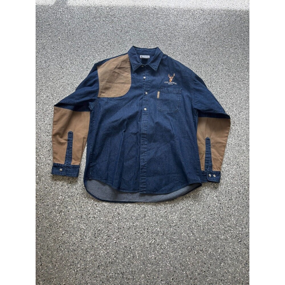 Men Sz L Columbia Blue Denim Hunting Shirt Long Sleeve Western MedWash VTG style